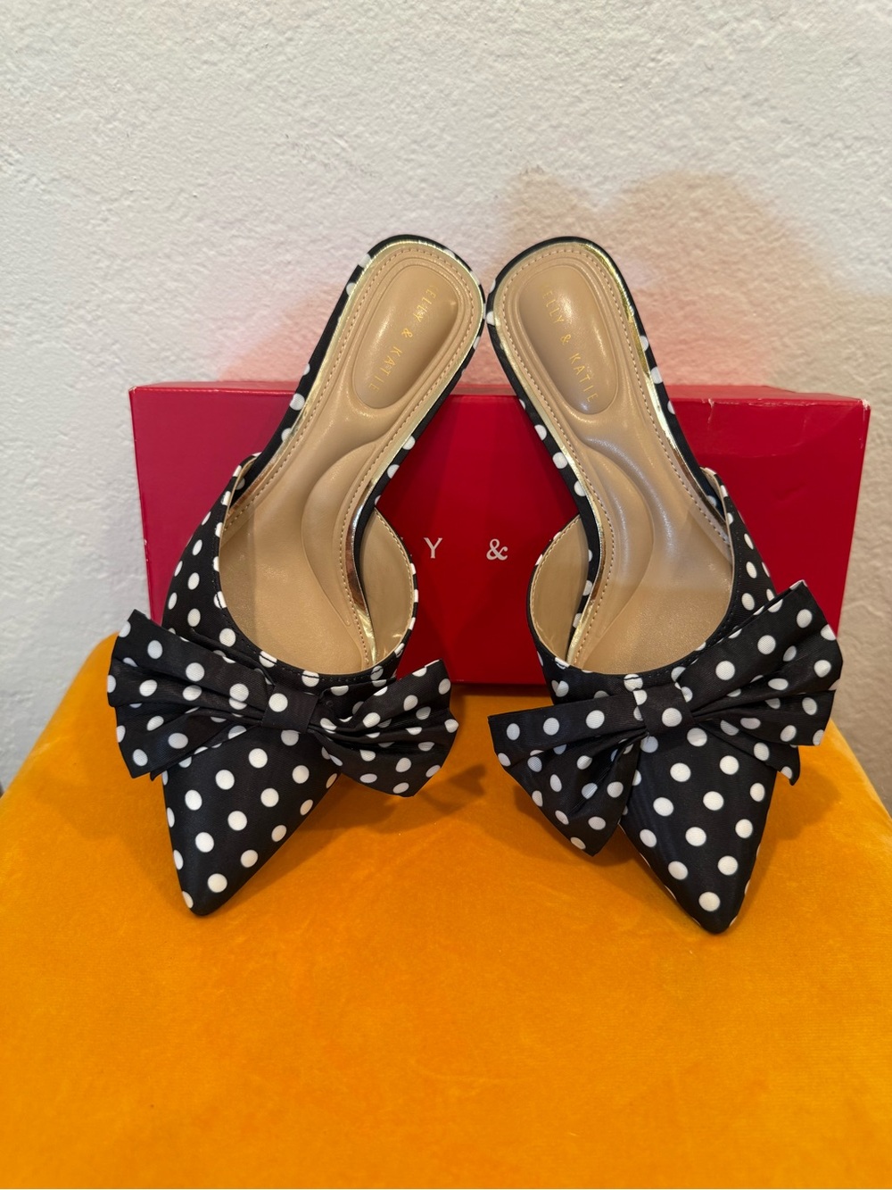 New Kelly & Katie Moire Satin Polka Dot Bow Pointed Heels Black and White